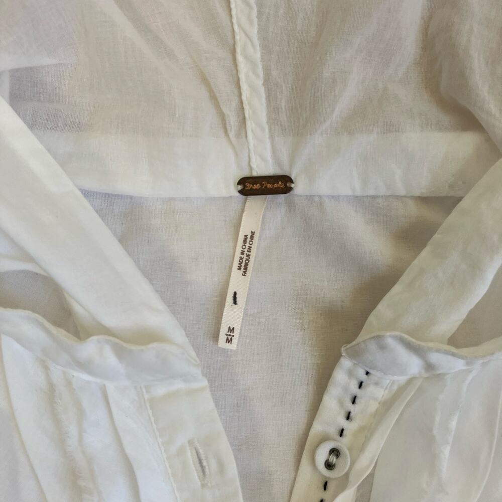 FREE PEOPLE Sz M White Breezy Button Down Shirt Hooded Blouse Raw Trims Cotton - Picture 13 of 16